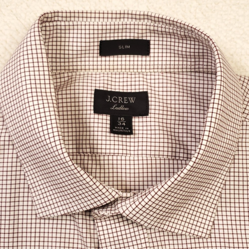 J.Crew Ludlow Button Up Shirt Mens 16 34 Maroon Check Slim H6087 Stretch Cotton